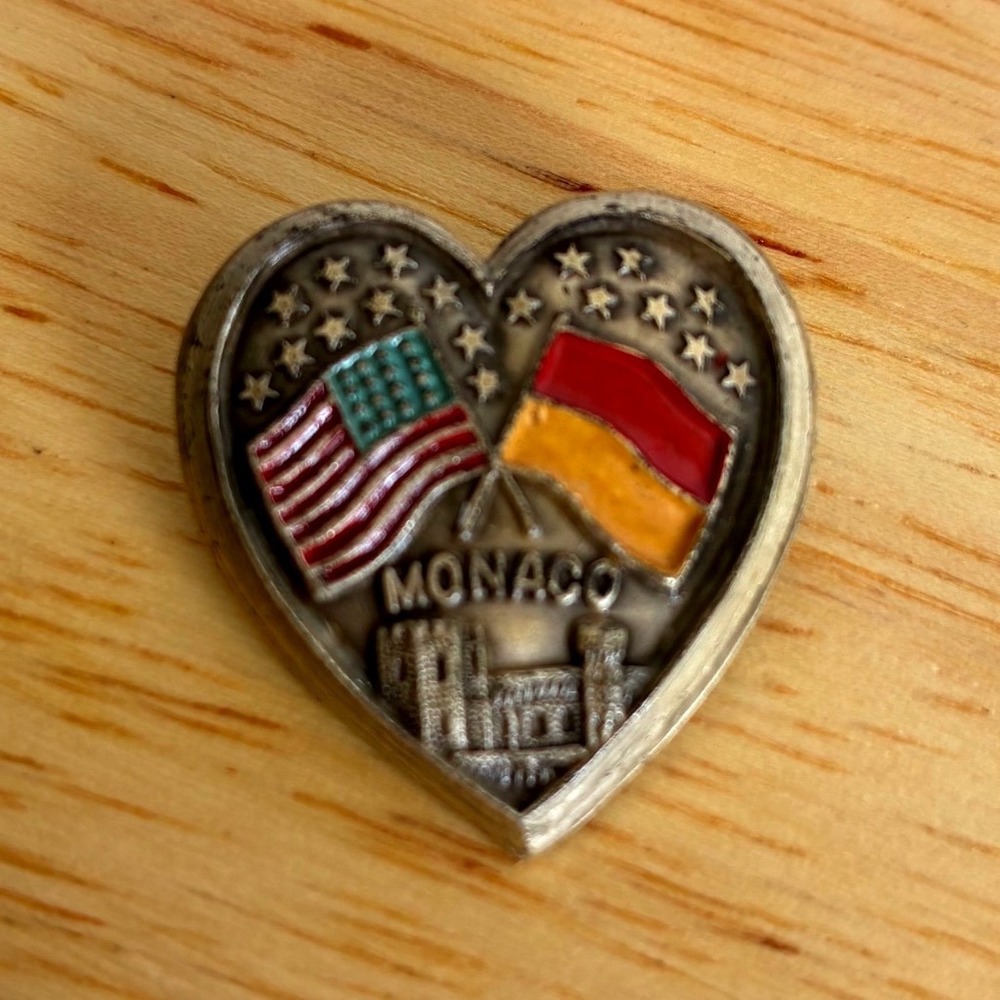 Vintage A. Augis Lyon Monaco USA Flag Heart Pin Enamel Lapel Badge Collectible